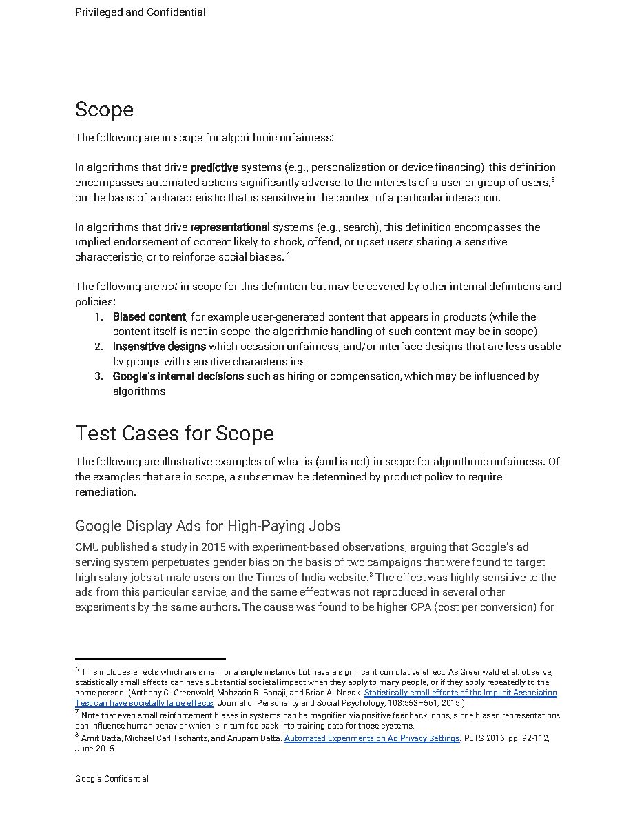 'Definition of Algorithmic Unfairness' (Feb. 2017), page 2