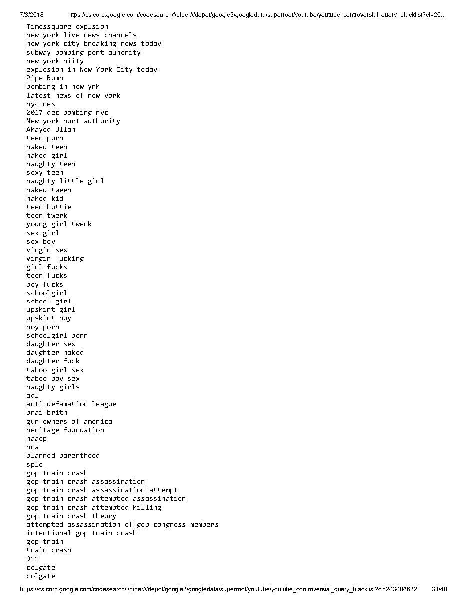 YouTube 'controversial query blacklist' (2018), page 31